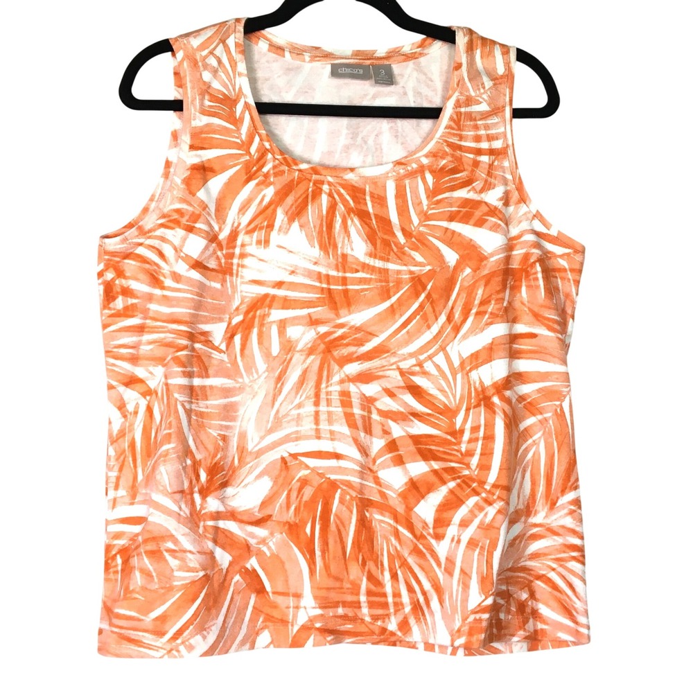 Chico's Tropical Palm Leaf Print Sleeveless Tank Top Size 3 XL Orange